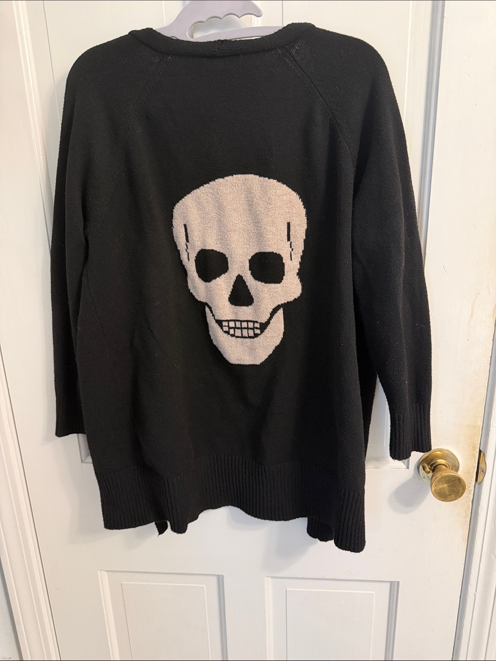 Sweet Romeo Black open front cardigan Sweater with Cream Skull Back Intarsia